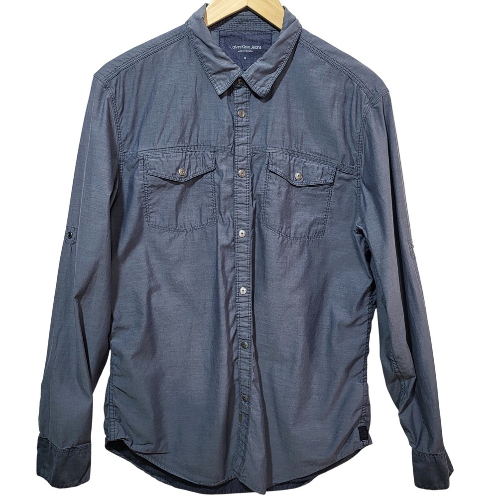 Calvin Klein Jeans‎ Mens Grey Blue Long Sleeve Tab Utility Button Down Shirt M